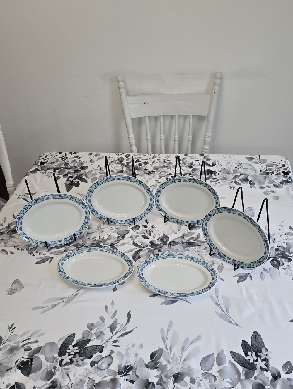 Vintage Taiwan Set Of 6 Tatung Durable China Oval Plates Servin Platter Blue 9"